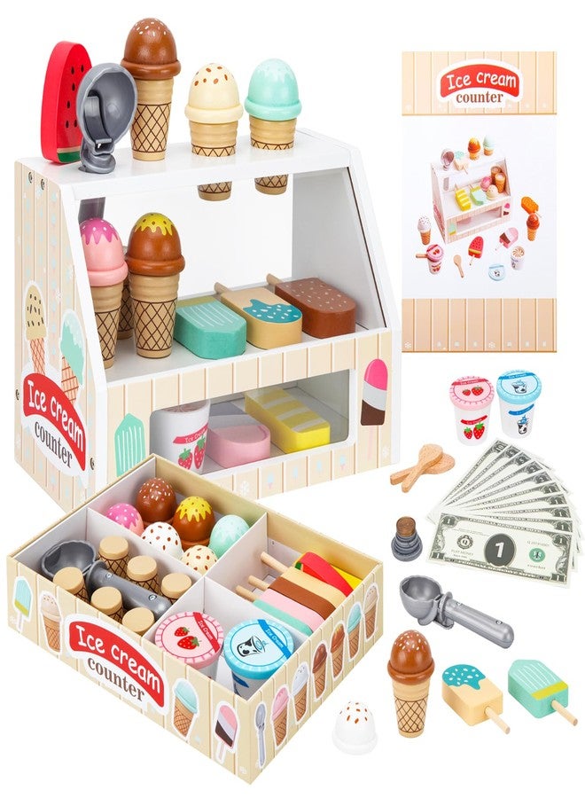 ZJEFUNS Wooden Ice Cream Toys for Kids Ice Cream Counter Shop for Toddlers Pretend Play Food Scoop and Serve with Scoop & Menu & Fake Money for Boys and Girls Ages 3 4 5 6 (Beige) - Image 1